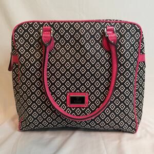 GUESS Satchel Black/White with Pink Trim Zipper Closure‎ Handbag